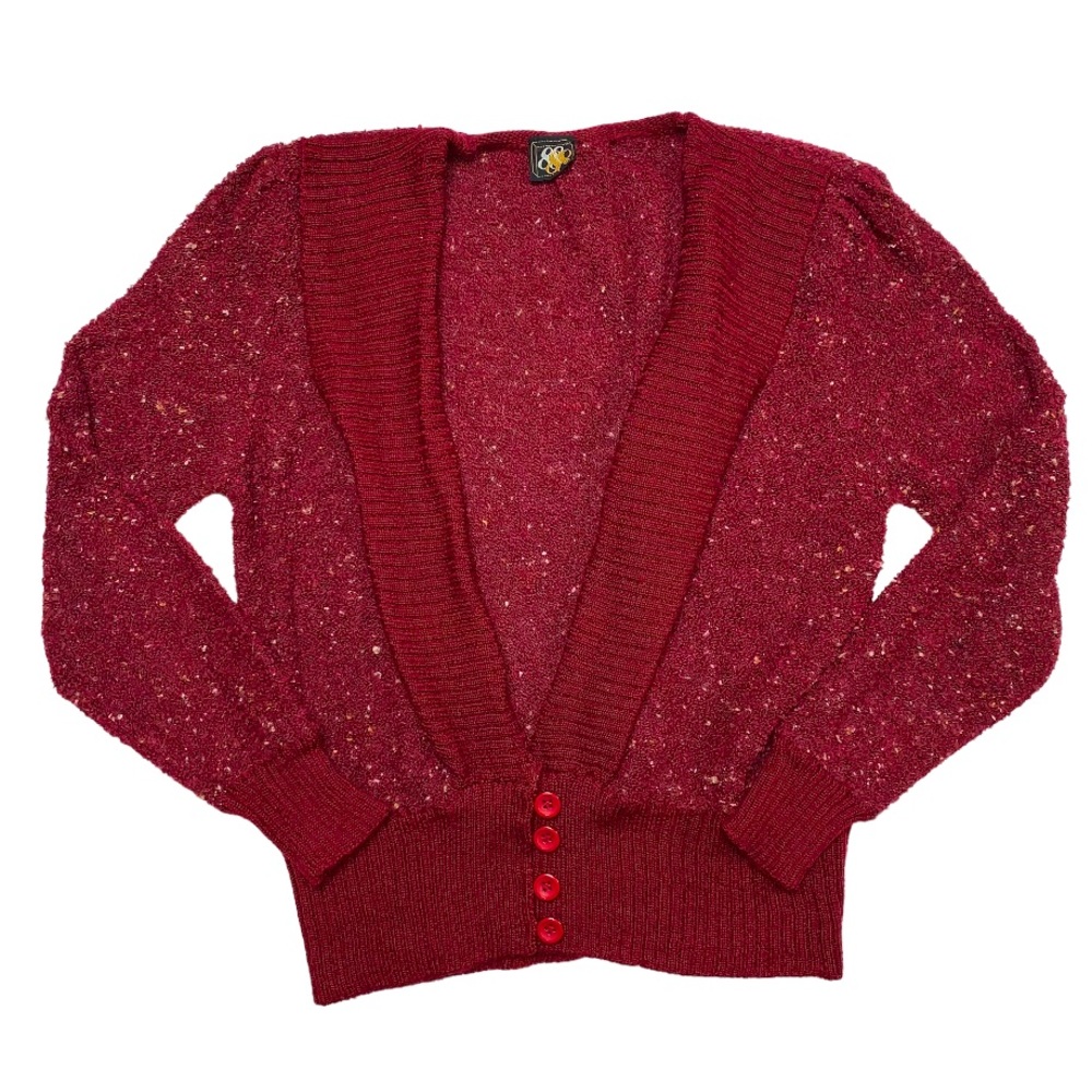 🆕 Vintage Burgundy Red Speckled Drape Front Waterfall Knit Cardigan Sweater